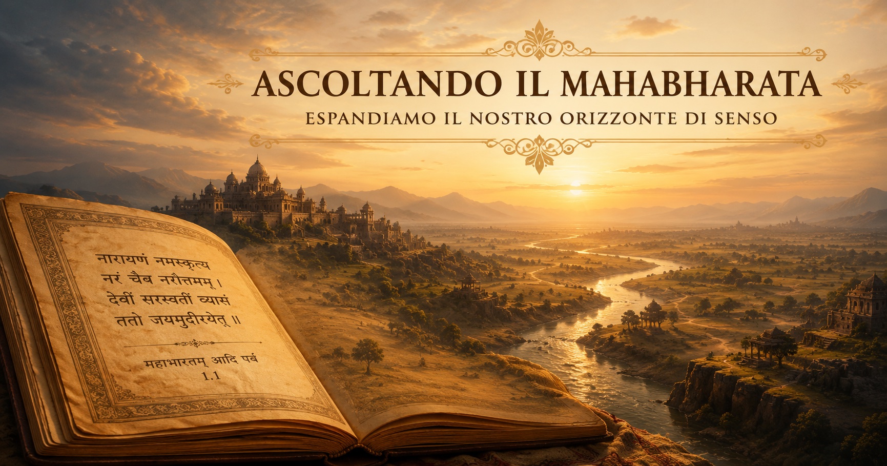 Antico manoscritto del Mahabharata aperto su un vasto paesaggio indiano, attraversato da un fiume luminoso che conduce verso l’orizzonte.