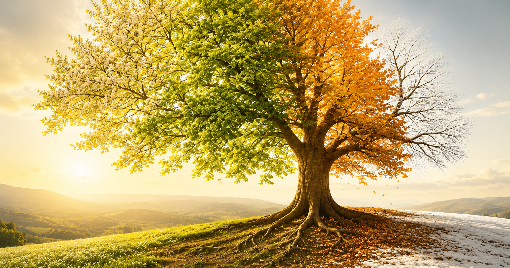 Albero attraversato dalle stagioni, con radici profonde e paesaggio luminoso, simbolo della vita che permane oltre le trasformazioni del corpo.