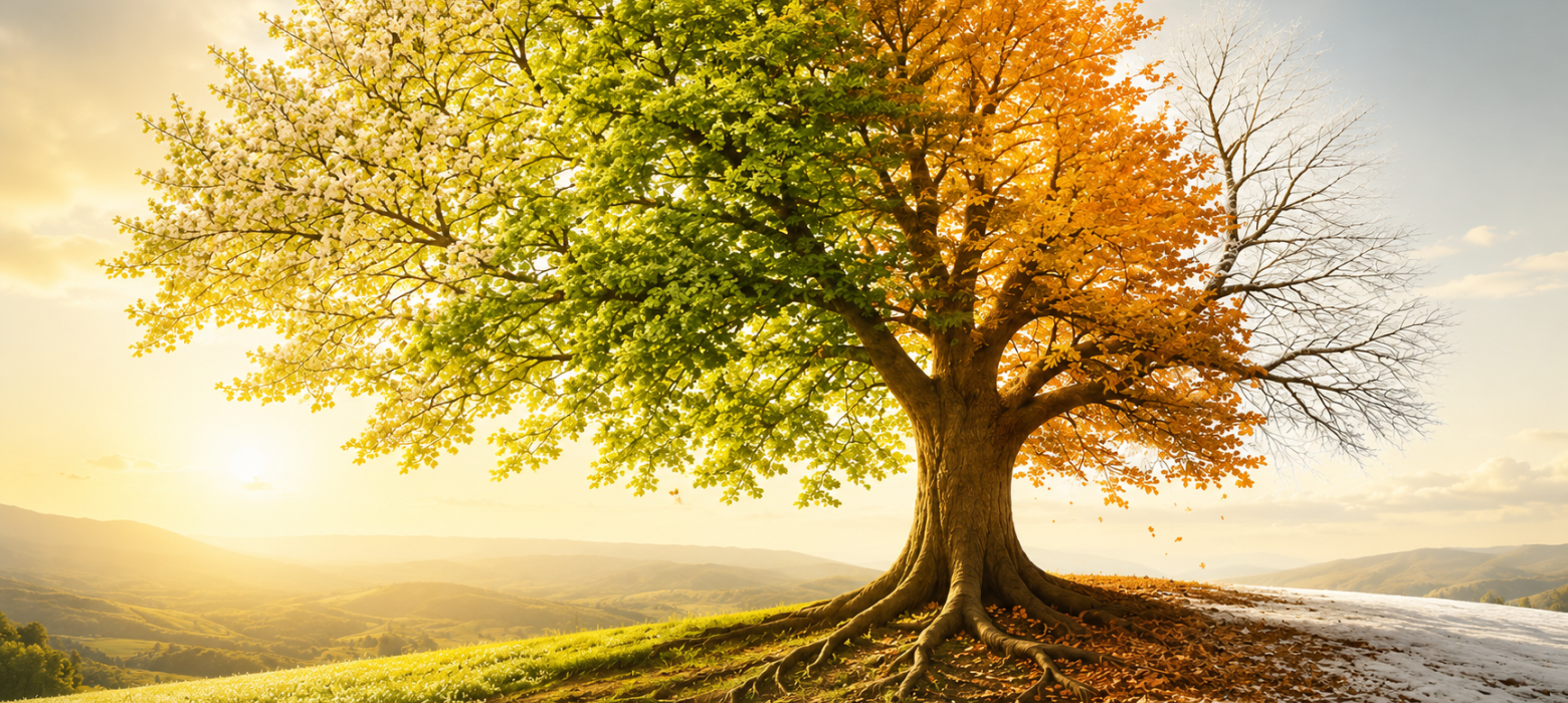 Albero attraversato dalle stagioni, con radici profonde e paesaggio luminoso, simbolo della vita che permane oltre le trasformazioni del corpo.