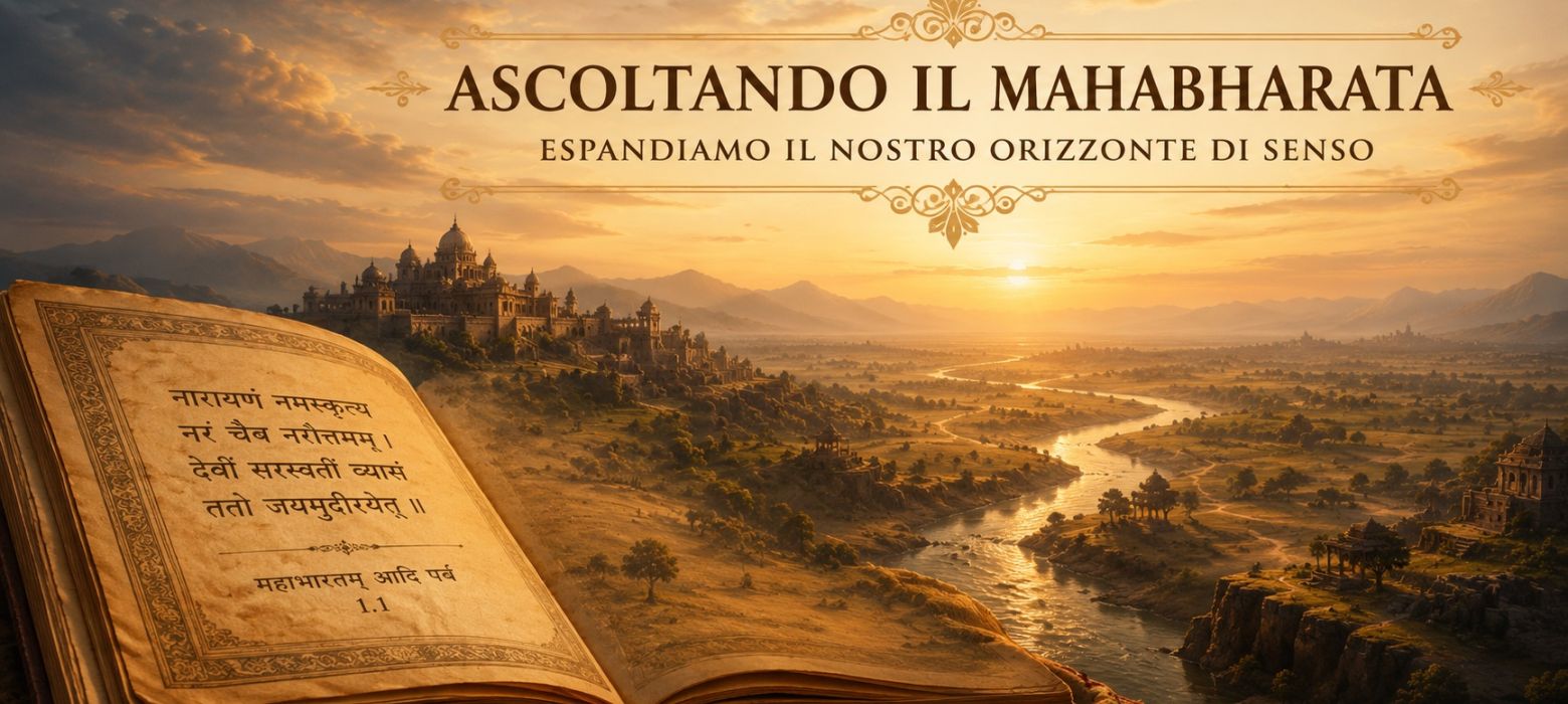Antico manoscritto del Mahabharata aperto su un vasto paesaggio indiano, attraversato da un fiume luminoso che conduce verso l’orizzonte.