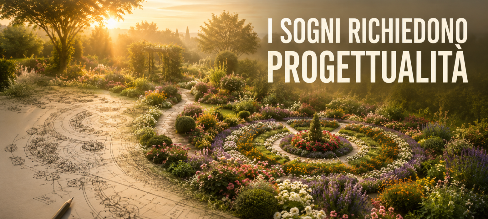 Progetto di un giardino che si trasforma in un’aiuola fiorita, simbolo dei sogni che richiedono progettualità.